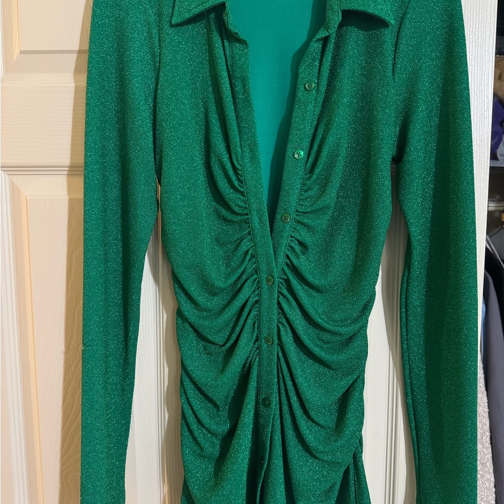 Good American Green Ruched Long Sleeve mini dress